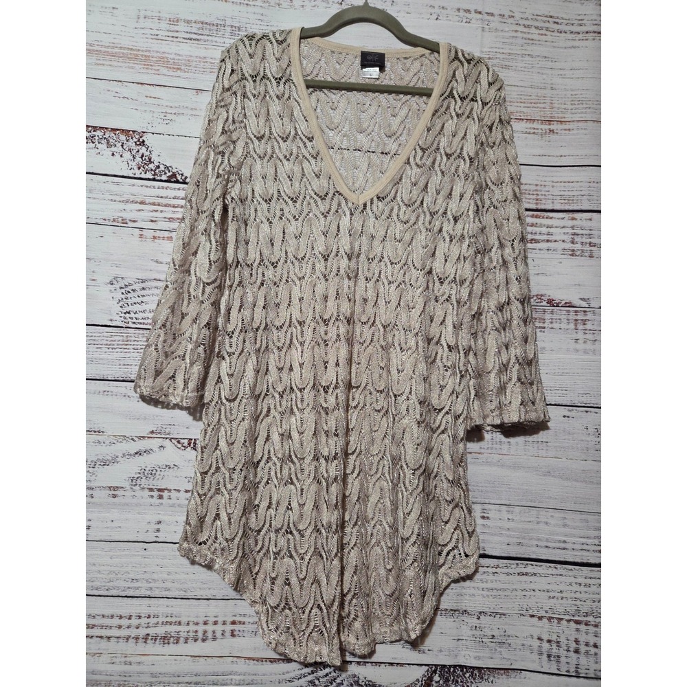 Elif for Jordan Taylor Metallic Gold Crochet V-Neck Tunic Top Bell Sleeve Large